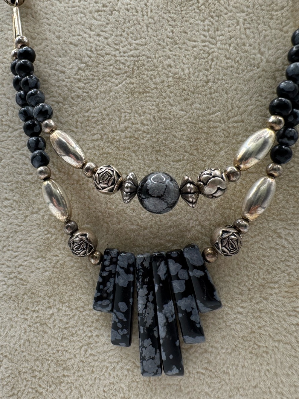 Snowflake Obsidian and Liquid Silver Beaded Necklace